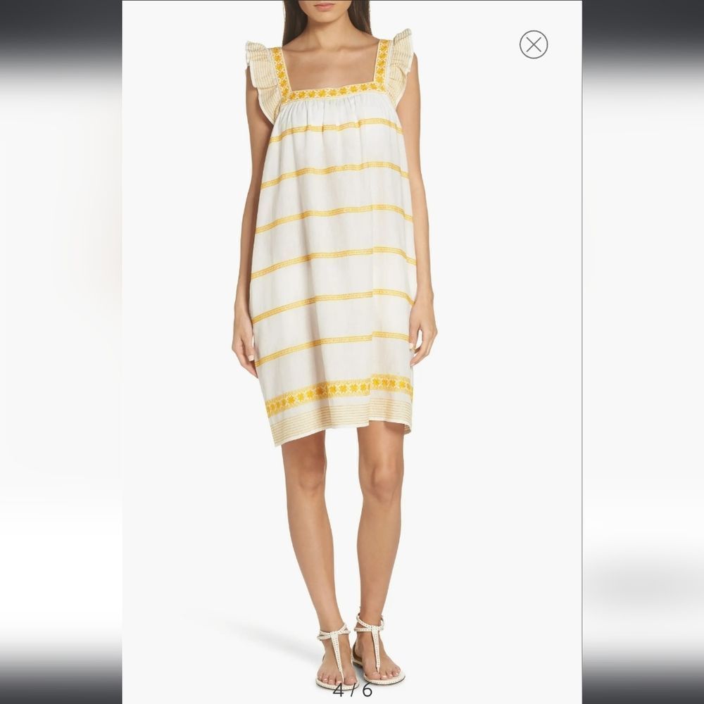 TORY BURCH Ruffle-Trimmed Embroidered Linen and Cotton-Blend Mini Dress Size S